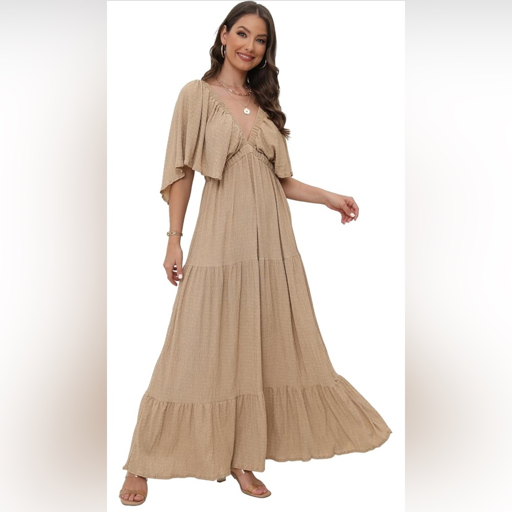SUNNOW Plus Size Summer Maxi Dress Flowy Loose Fit V-Neck Tiered Ruffle Sleeve